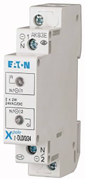 Un composant électrique vertical blanc d'Eaton, modèle 'Xpole Z-DL/D24'. Il possède plusieurs bornes et des vis bleues distinctives.