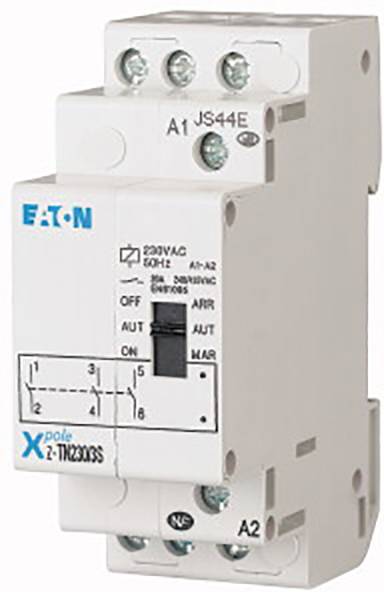 Un interrupteur électrique blanc d'Eaton portant l'inscription '230VAC 50Hz' avec les positions marquées : 'ON', 'OFF', 'ARR', 'AUT'.