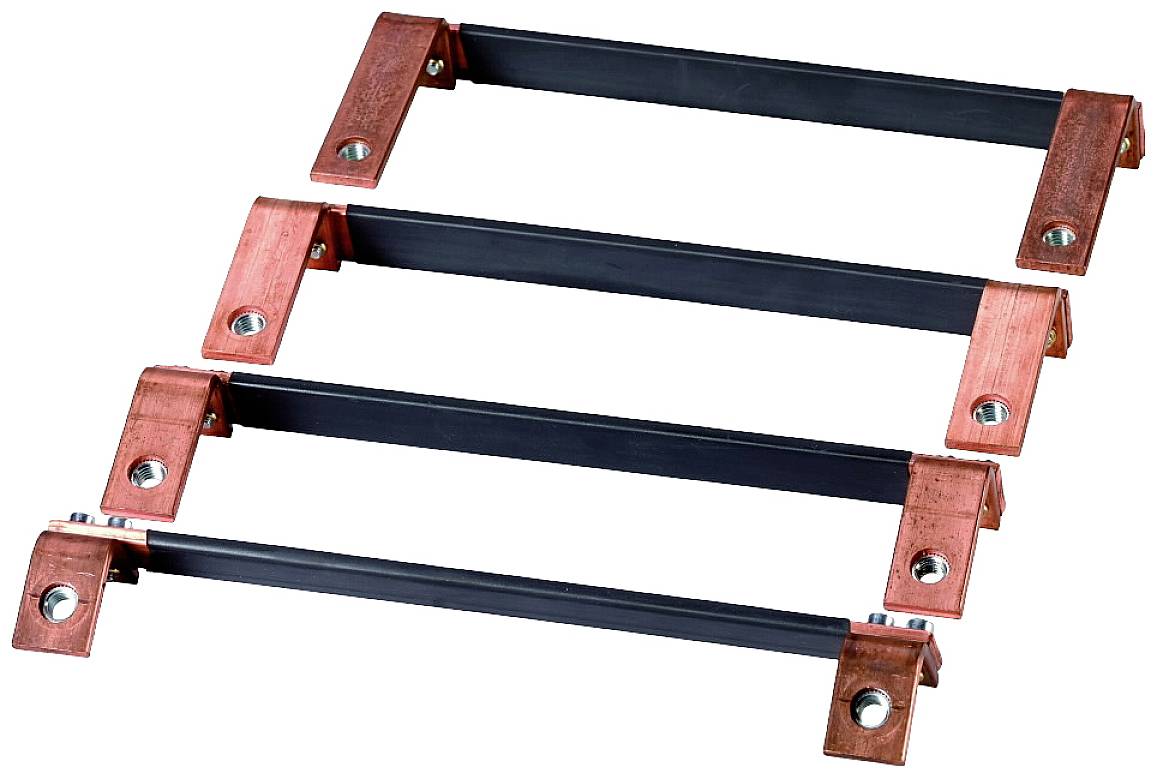 Rails métalliques avec embouts en cuivre et trous de vis, quatre bandes parallèles, adaptés aux applications techniques ou industrielles.