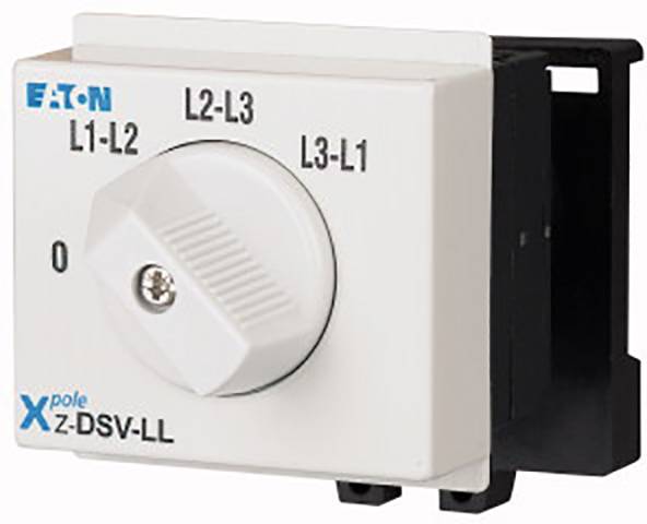 Un commutateur rotatif blanc avec les positions '0', 'L1-L2', 'L2-L3', 'L3-L1', et le nom de marque en haut à gauche. Utilisé pour les circuits électriques.