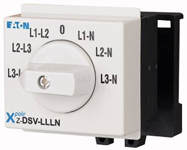 Un commutateur électrique rotatif d'Eaton avec des bornes marquées : L1-L2, L2-L3, L3-L1, L1-N, L2-N, L3-N.