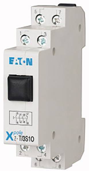 Un disjoncteur blanc avec interrupteur noir et inscription bleue 'Eaton Xpole Z-TКS10', adapté pour les circuits de protection électrique.