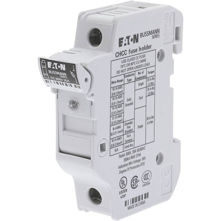 Porte-fusible de la marque Eaton, modèle CHCC. Boîtier blanc avec spécifications techniques et informations de sécurité.