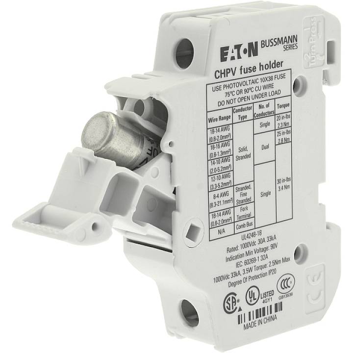 Support de fusible de marque Eaton Bussmann, série 'CHPV', pour photovoltaïque, 1000VDC, avec instructions pour la déconnexion hors tension.