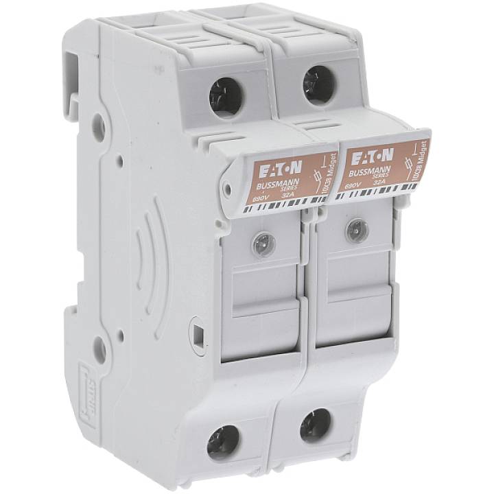 'Disjoncteur électrique, bipolaire d'Eaton, modèle Bussmann, avec étiquette rouge. Destiné à la protection des circuits électriques.'