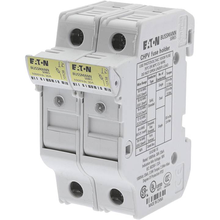 Support de fusible bipolaire Eaton avec étiquettes et caractéristiques techniques, adapté pour un montage sur rail DIN.