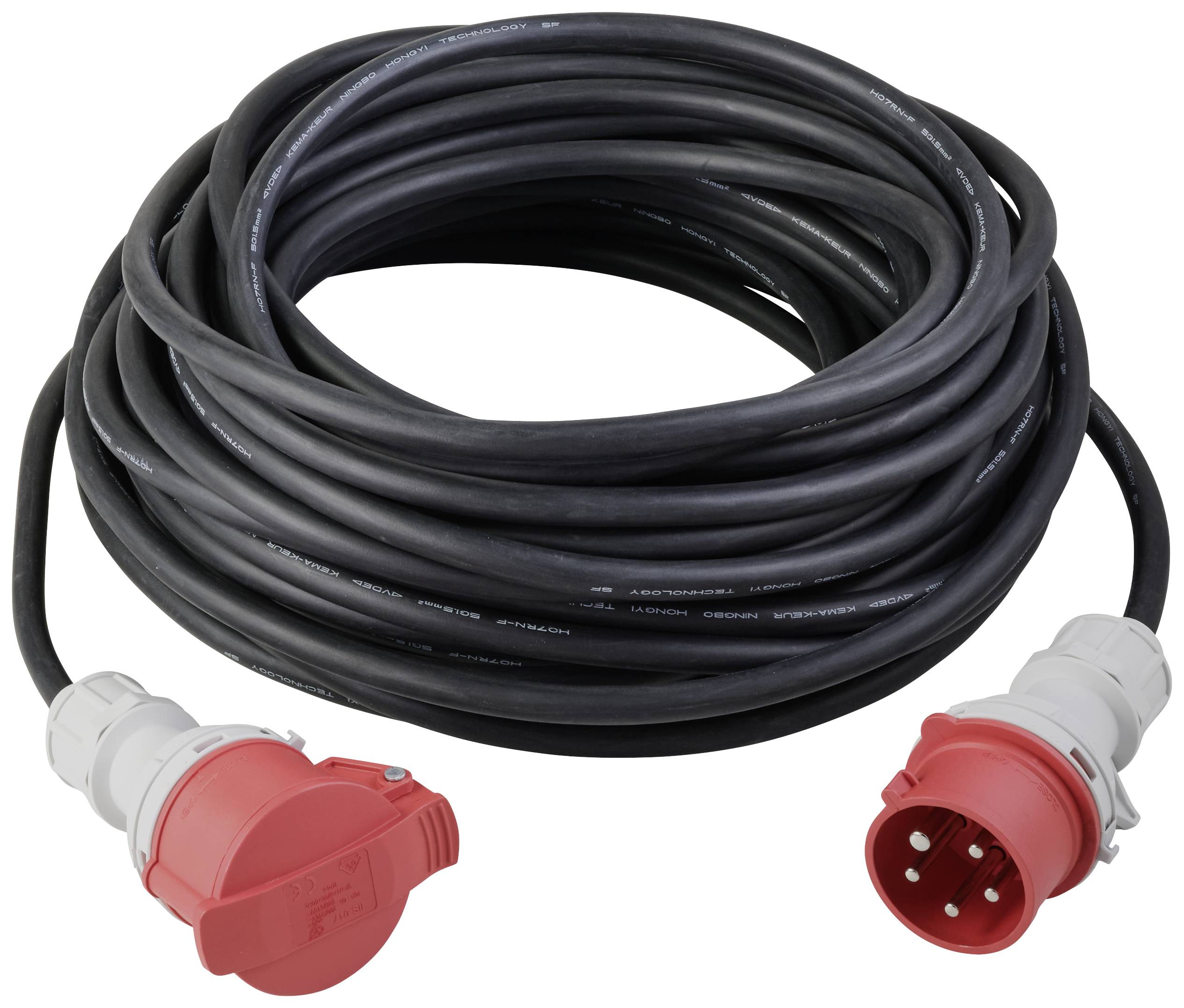 Rallonge électrique noire avec connexions rouge et blanche, adaptée aux appareils électriques et à la distribution électrique.