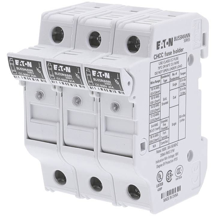 Porte-fusible tripolaire 'Eaton CHCC' pour fusibles de classe CC, destiné à la protection des circuits électriques, avec marquage CE.