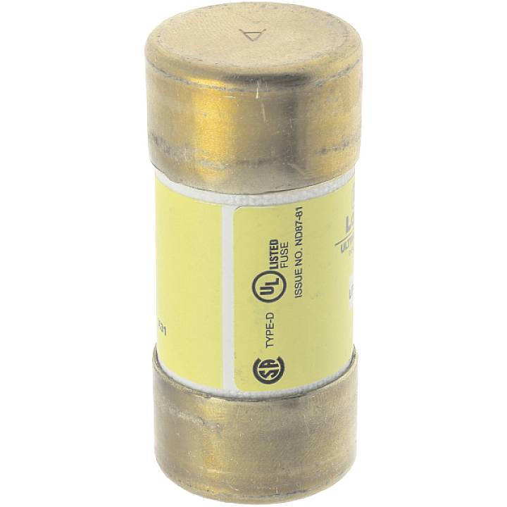 Fusible cylindrique avec étiquette jaune, portant des certifications de sécurité.