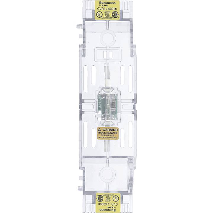 Un support de fusible transparent avec des autocollants d'avertissement jaunes, présentant des certifications UL et CE, pour des systèmes de protection électrique.