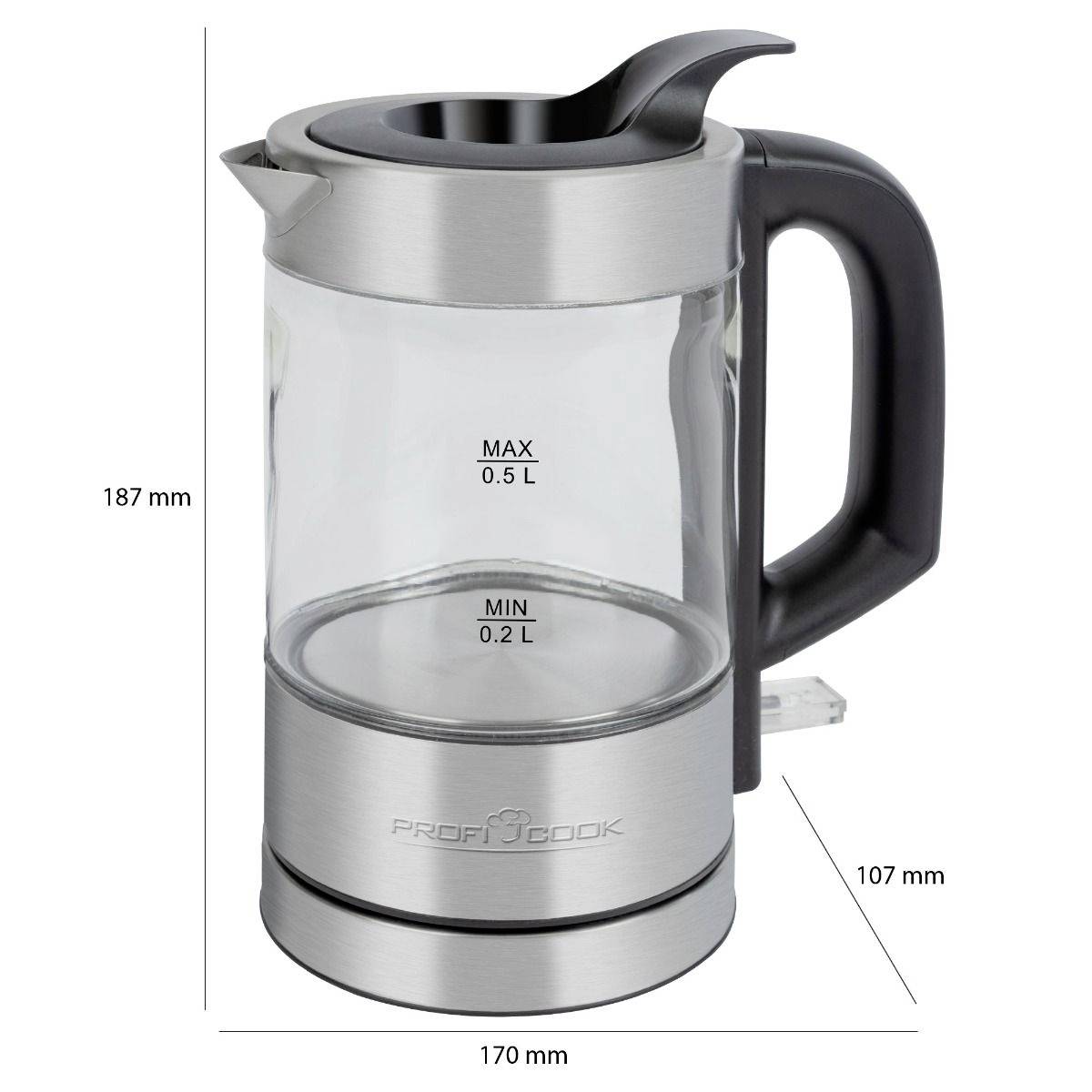 Bouilloire en verre avec poignée noire et base en acier inoxydable, adaptée pour 0,2 à 0,5 litres. Dimensions : 187 mm de hauteur, 170 mm de largeur, 107 mm de profondeur.