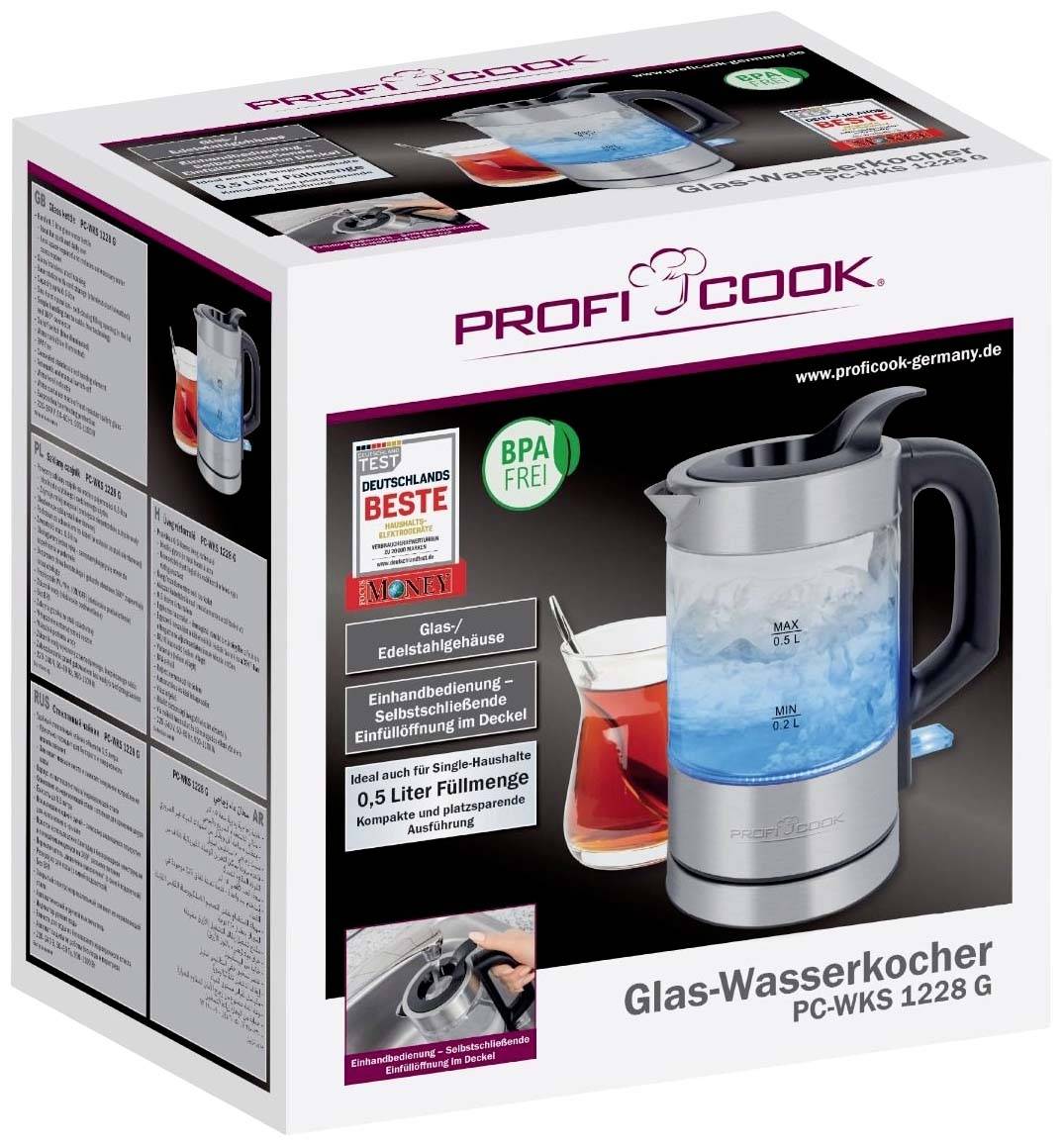 Bouilloire en verre Profi Cook PC-WKS 1228 G dans son emballage. Carafe en verre, élément chauffant en acier inoxydable, sans BPA. Design convivial.