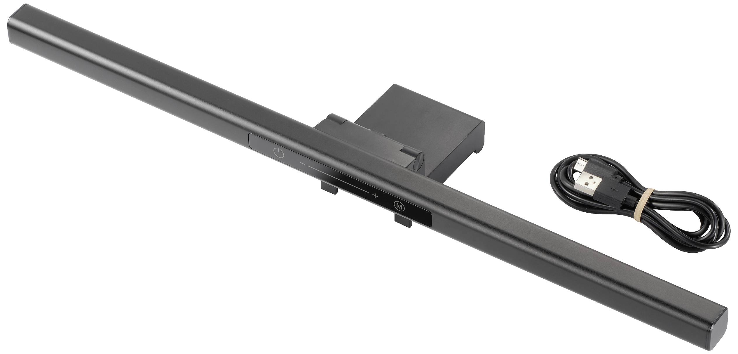 Longue barre lumineuse LED noire avec composant de fixation et câble USB pour l'alimentation électrique ou la connexion.