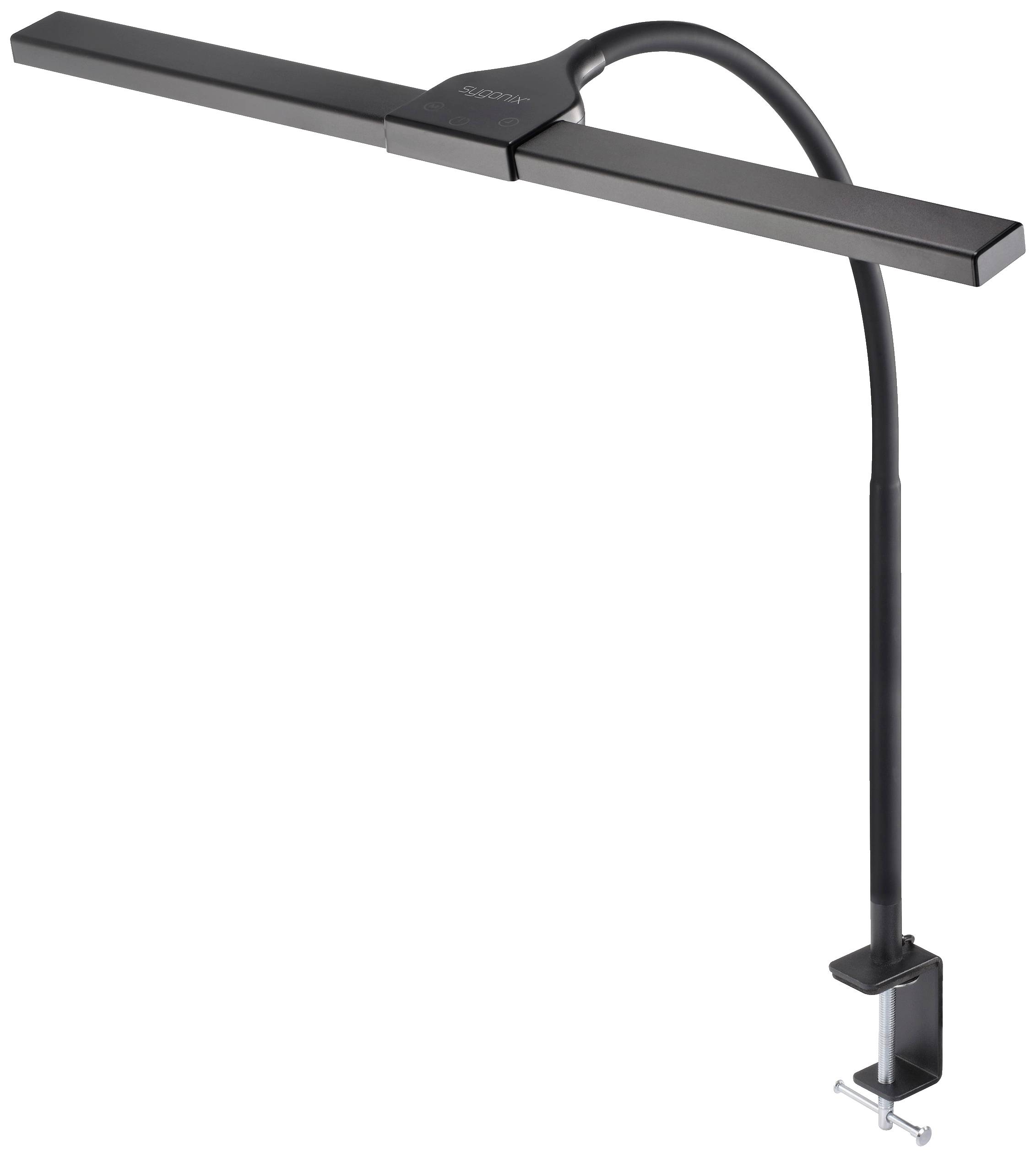 Une lampe LED noire fixée par une pince sur un bras droit. Elle est typiquement utilisée pour l'éclairage des pupitres de lecture.