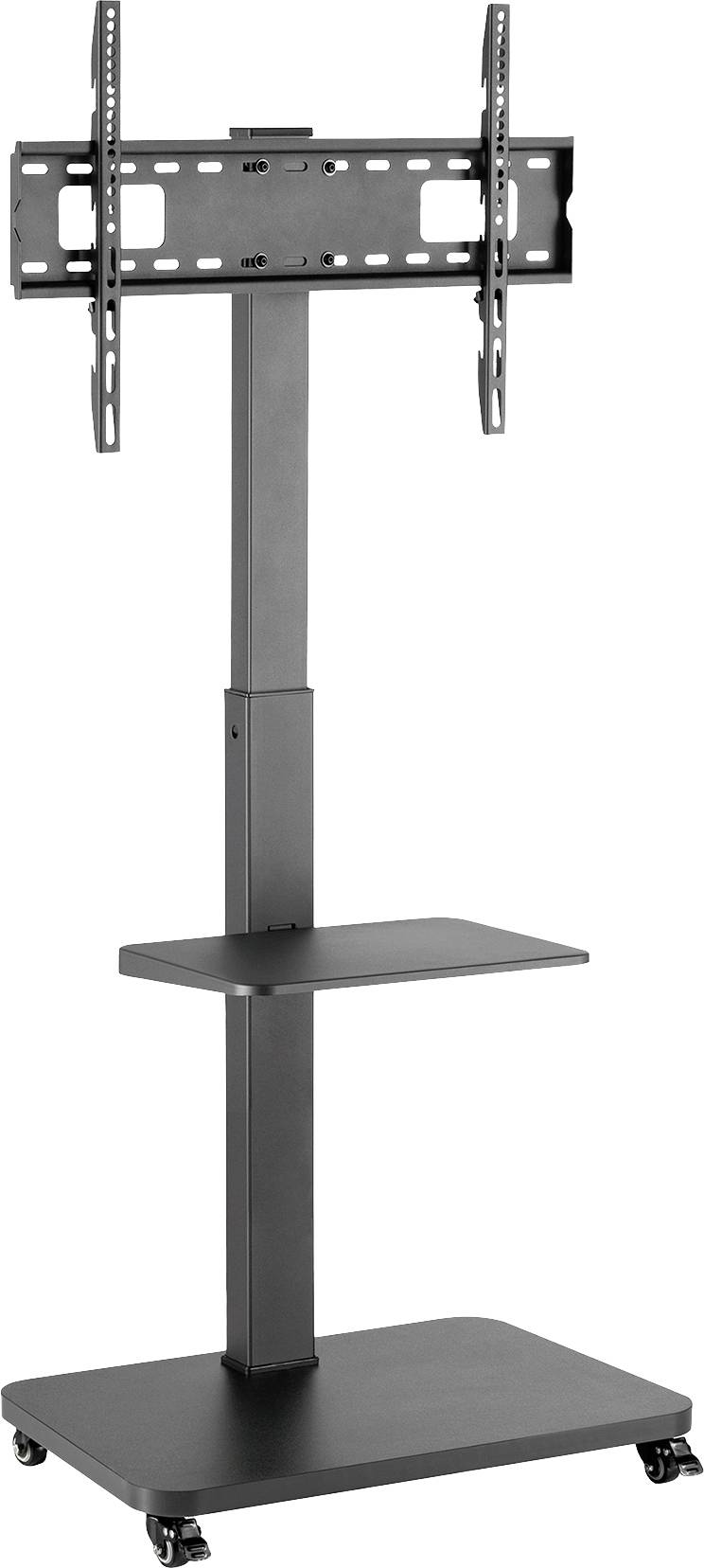 Support de télévision sur roulettes, avec deux étagères et un support réglable pour recevoir un téléviseur à écran plat.