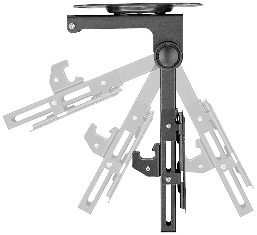 Support avec angle ajustable et bras pivotant, illustrant des positions flexibles pour la fixation d'appareils sur des murs ou des plafonds.