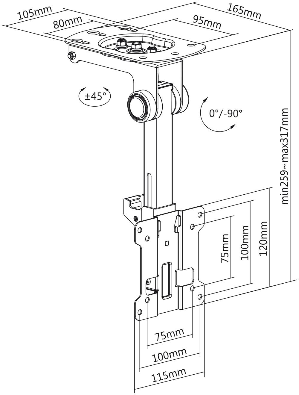 Dessin technique d'un support de plafond réglable pour projecteurs. Les dimensions et les angles de rotation sont indiqués en détail.
