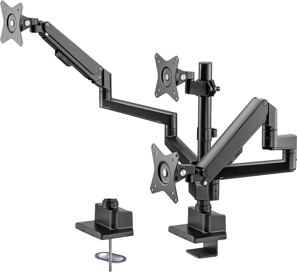 Support de moniteur double ajustable avec deux bras et pinces de fixation pour bureaux, adapté aux environnements professionnels.