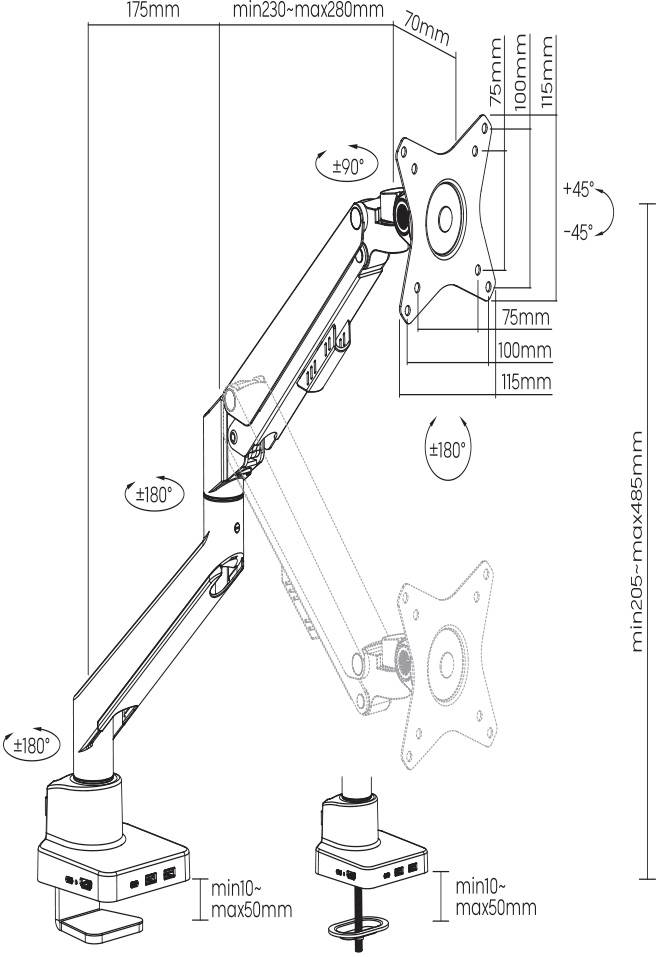 Diagramme d'un bras de moniteur avec dimensions : Hauteur 295-485 mm, extension 230-280 mm, inclinaison ±45°, plage de pivotement ±180°.