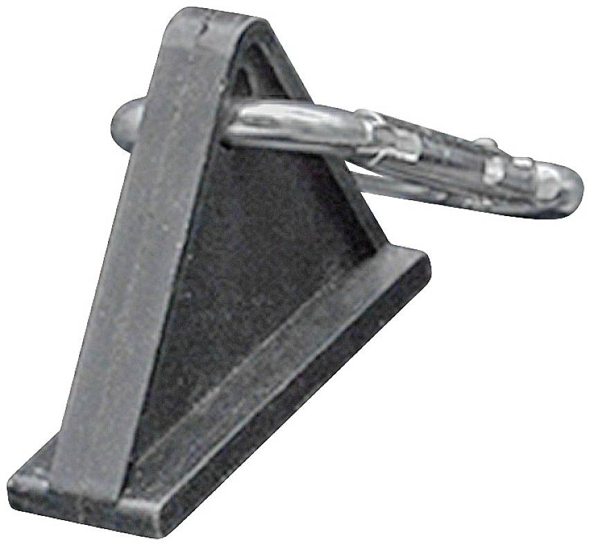 Un arrêt noir triangulaire maintient une tige métallique argentée qui traverse transversalement.