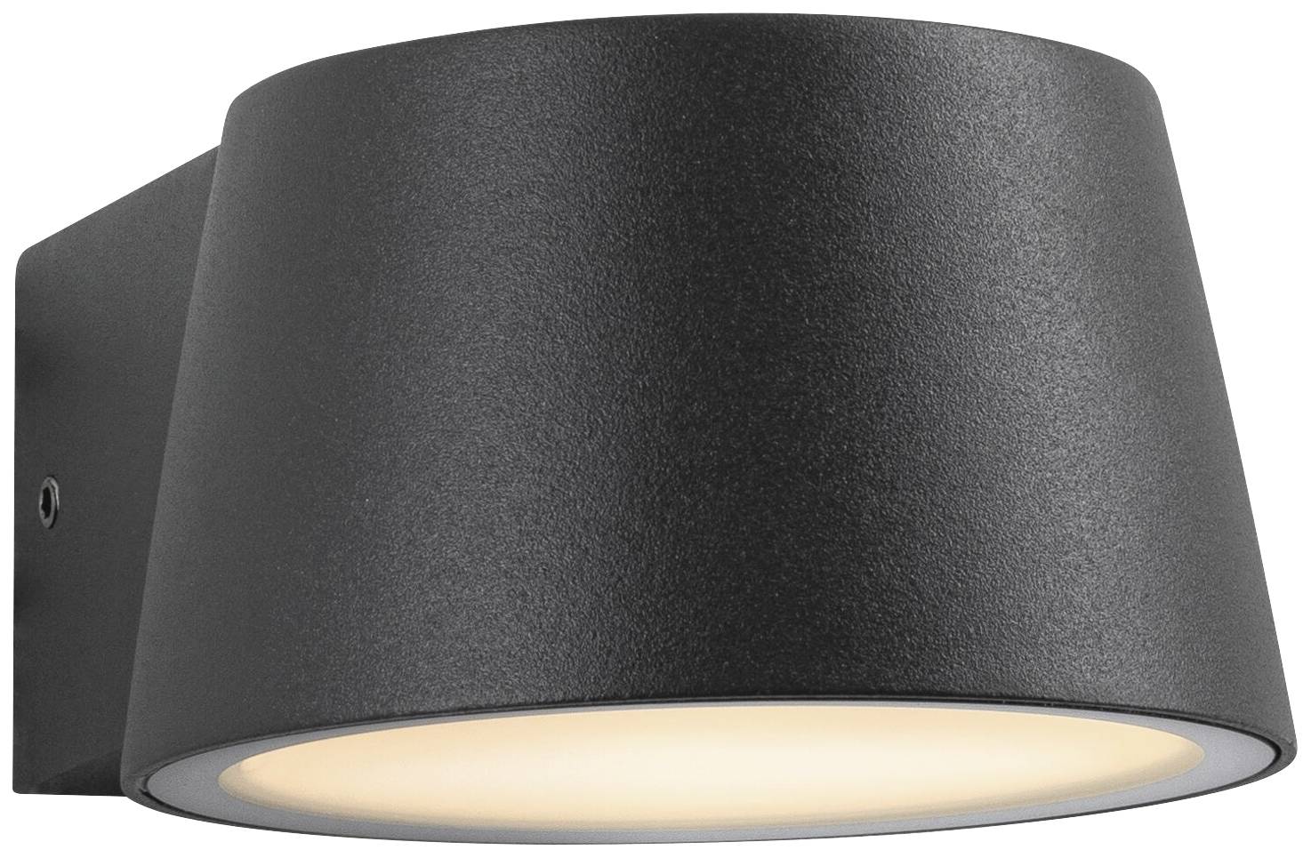 Applique murale en métal noir avec un bord inférieur illuminé de manière diffuse.