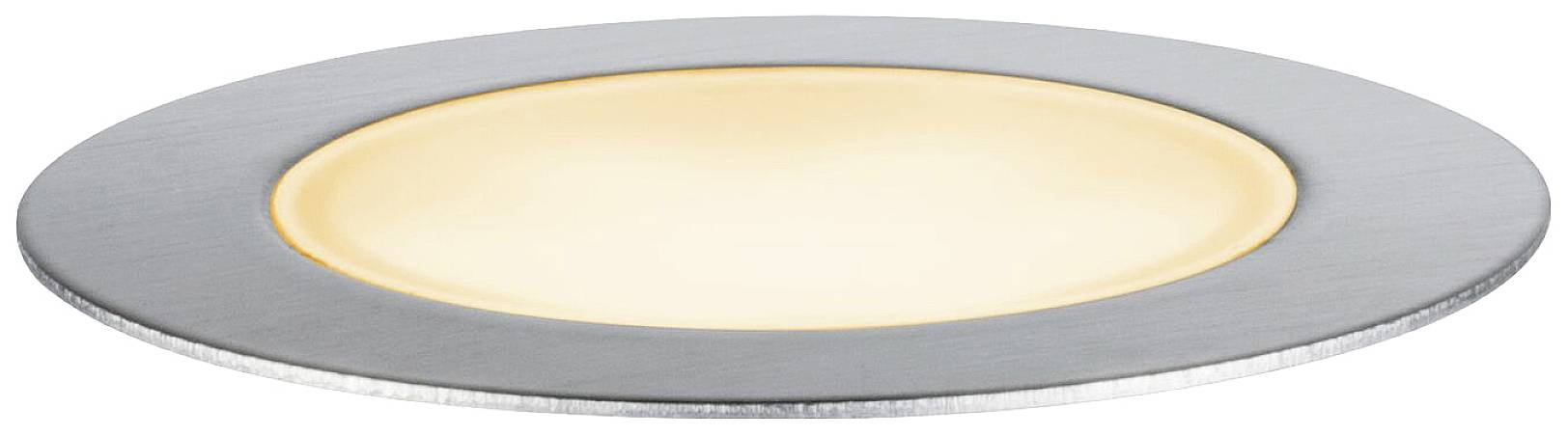 Plafonnier plat avec un cadre rond argenté et une lumière blanc chaud au centre. Idéal pour les intérieurs modernes.