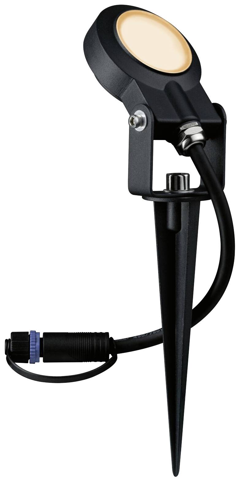 Un projecteur noir avec piquet de terre, connexion de câble flexible et unité lumineuse circulaire, conçu pour l'éclairage de jardins ou de chemins.