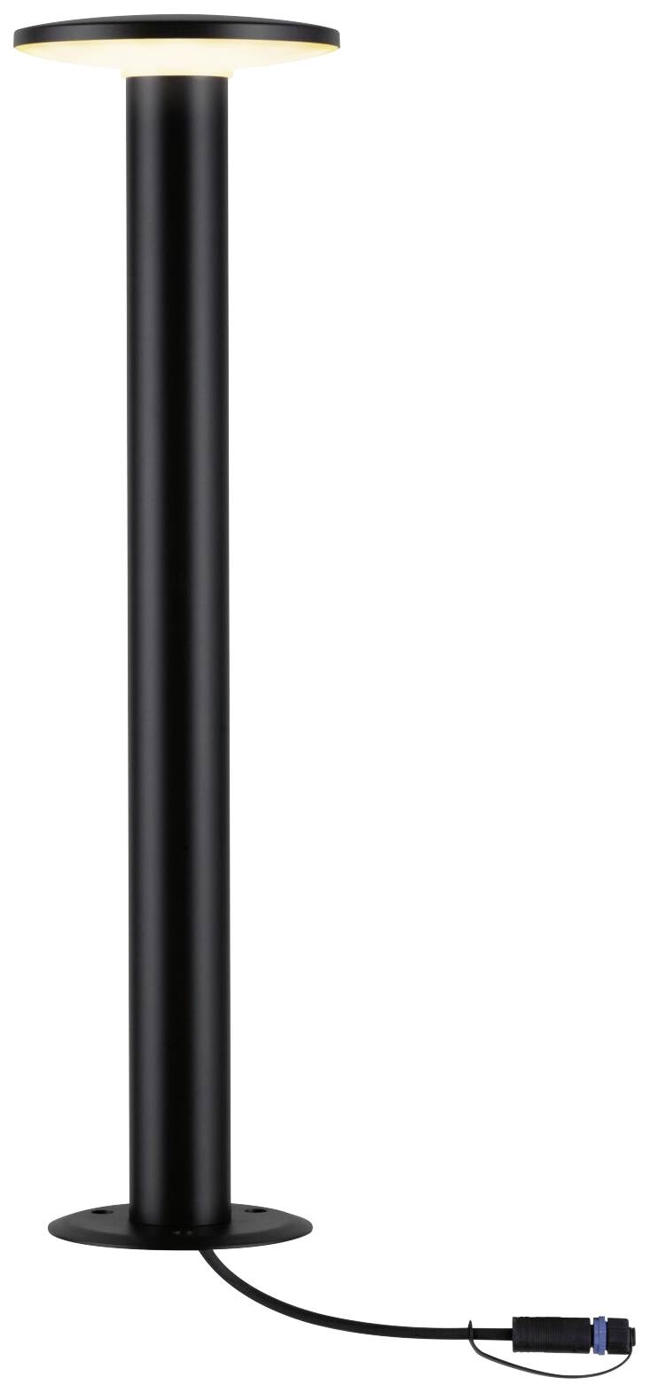 Lampadaire noir cylindrique avec un diffuseur rond et plat, et un câble à la base. Idéal pour un éclairage moderne d'intérieur.