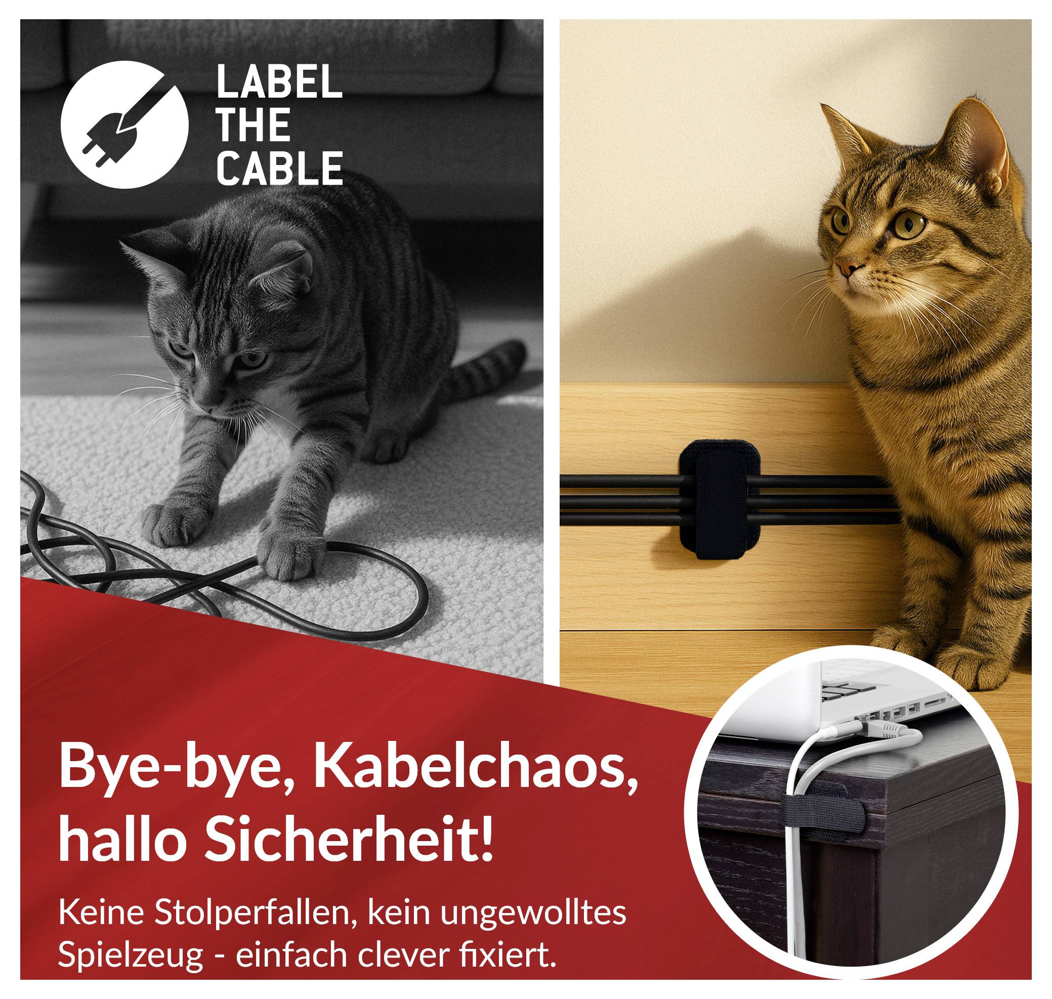 Advertisement for cable labels and clips: a cat near loose cords contrasted with a cable neatly secured; text says 'LABEL THE CABLE' and 'Bye-bye, Kabelchaos, hallo Sicherheit!'