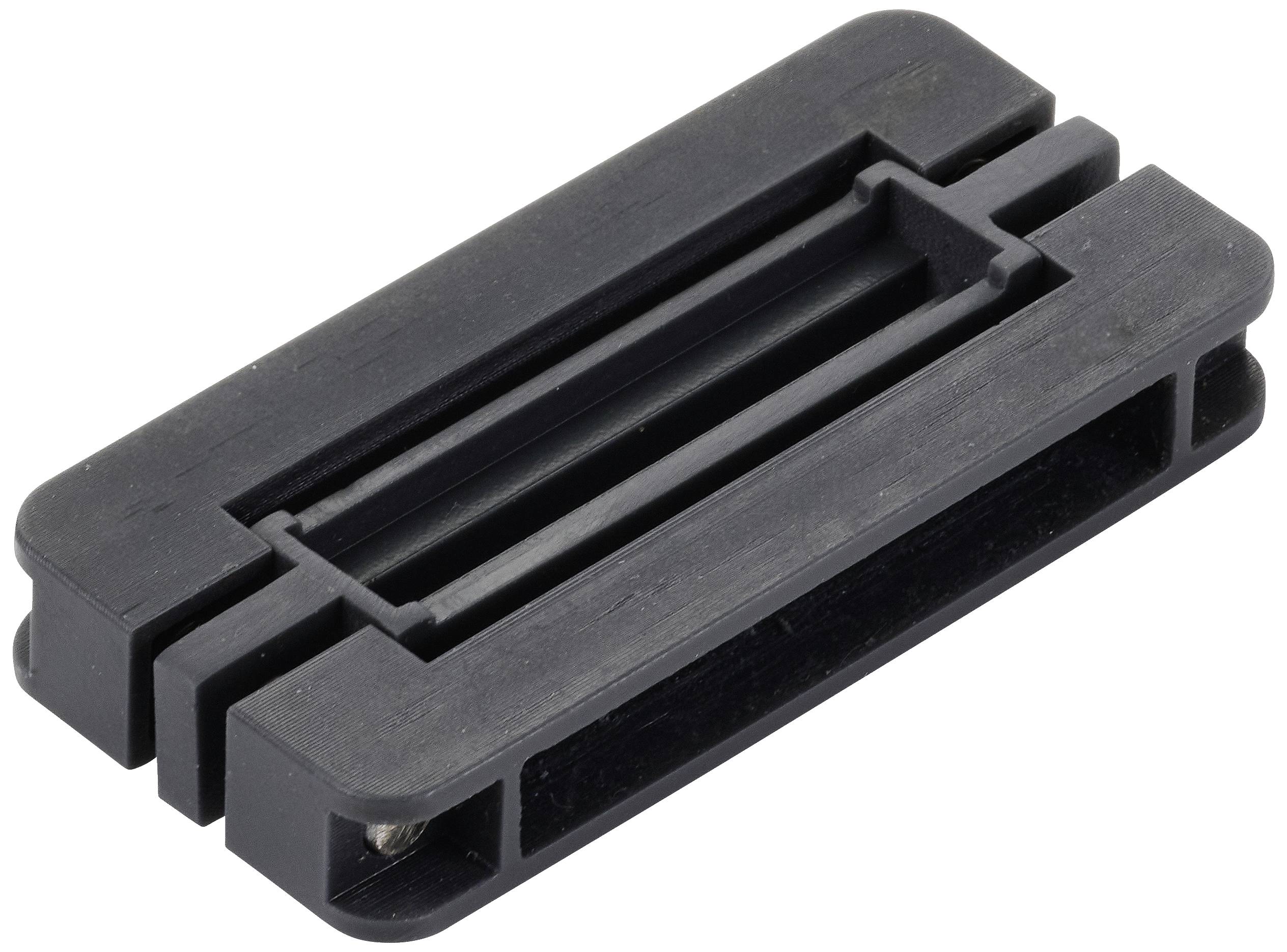 Une pièce en plastique noir rectangulaire avec des fentes et des arêtes. Elle pourrait être un composant d'un système mécanique plus grand.