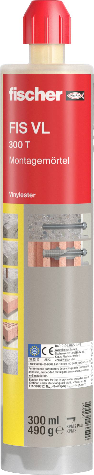 Cartouche rouge et grise 'fischer FIS VL 300 T' pour mortier de montage, contenance de 300 ml, illustrant des exemples d'applications pour fixations sur briques.