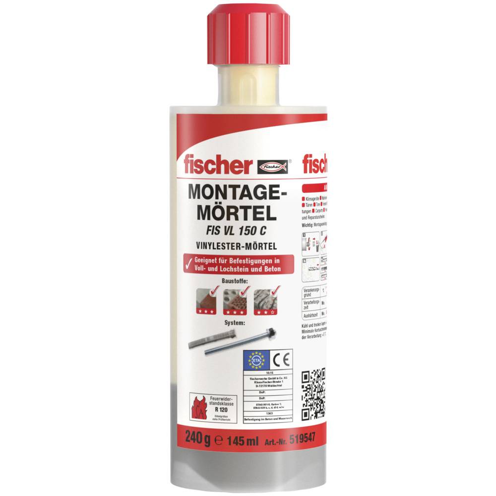 Bouteille Fischer Mortier de montage, type FIS VL 150 C, avec des détails rouges et des informations produit, adapté pour les fixations dans la pierre pleine et creuse ainsi que dans le béton.