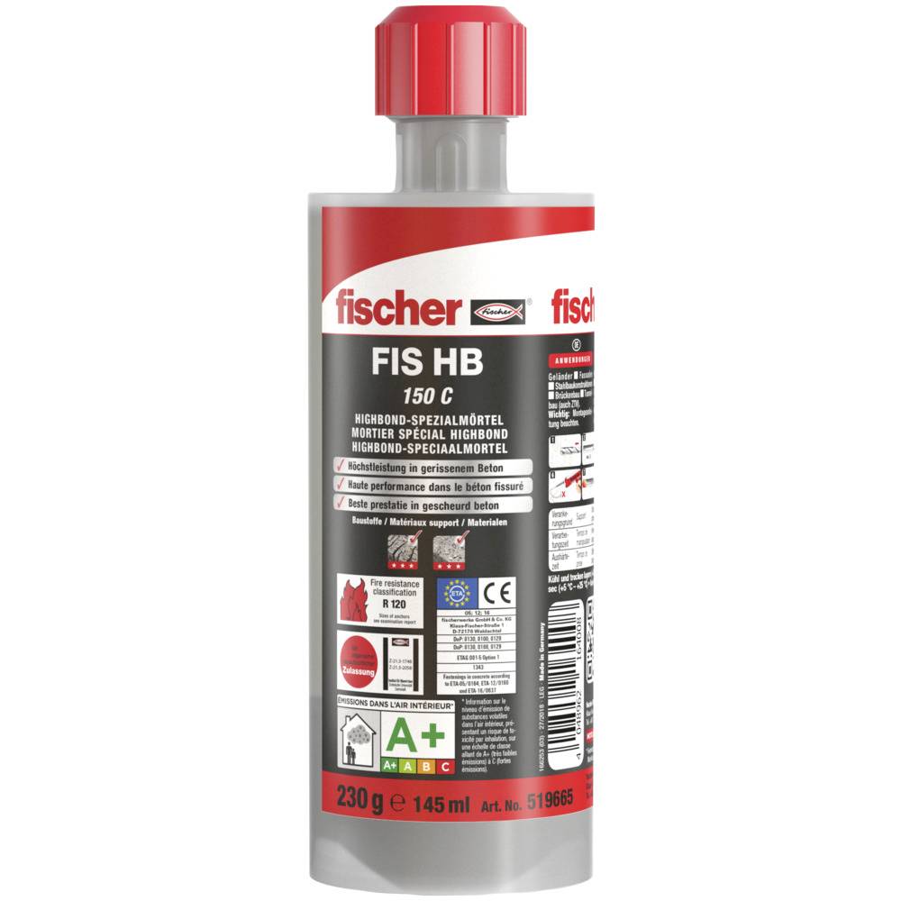 Cartouche de mortier spécial haute performance Fischer FIS HB, 230 g. Étiquette indiquant la haute capacité de charge et le sceau de qualité.