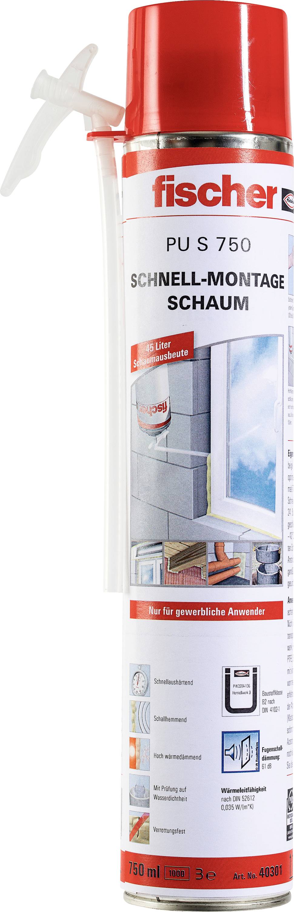 Une bombe de 'fischer PU S 750 Mousse de montage rapide' avec un couvercle rouge. L'étiquette présente un mode d'emploi illustré pour une utilisation sur des fenêtres.
