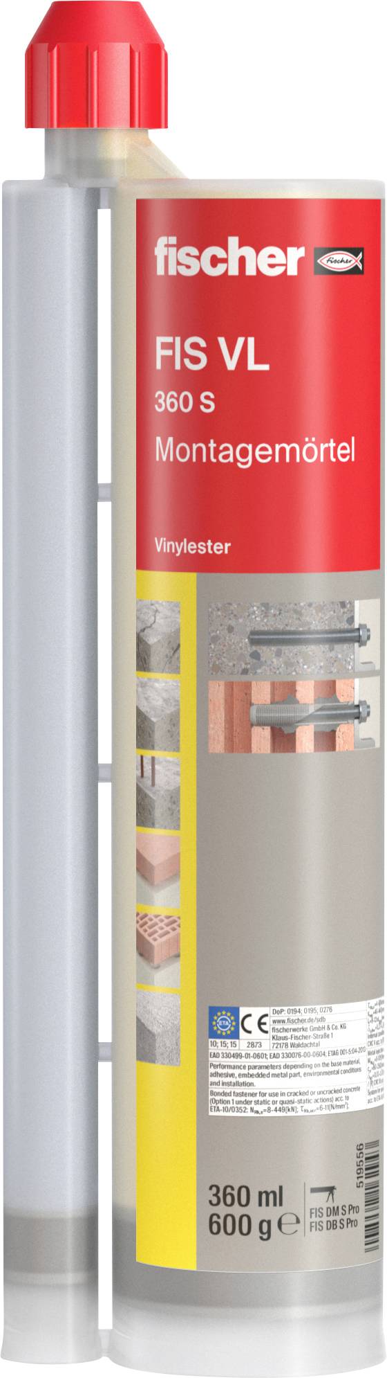Cartouche avec étiquette rouge portant l'inscription 'fischer FIS VL 360 S Mortier de montage'. Adapté à divers matériaux de construction.
