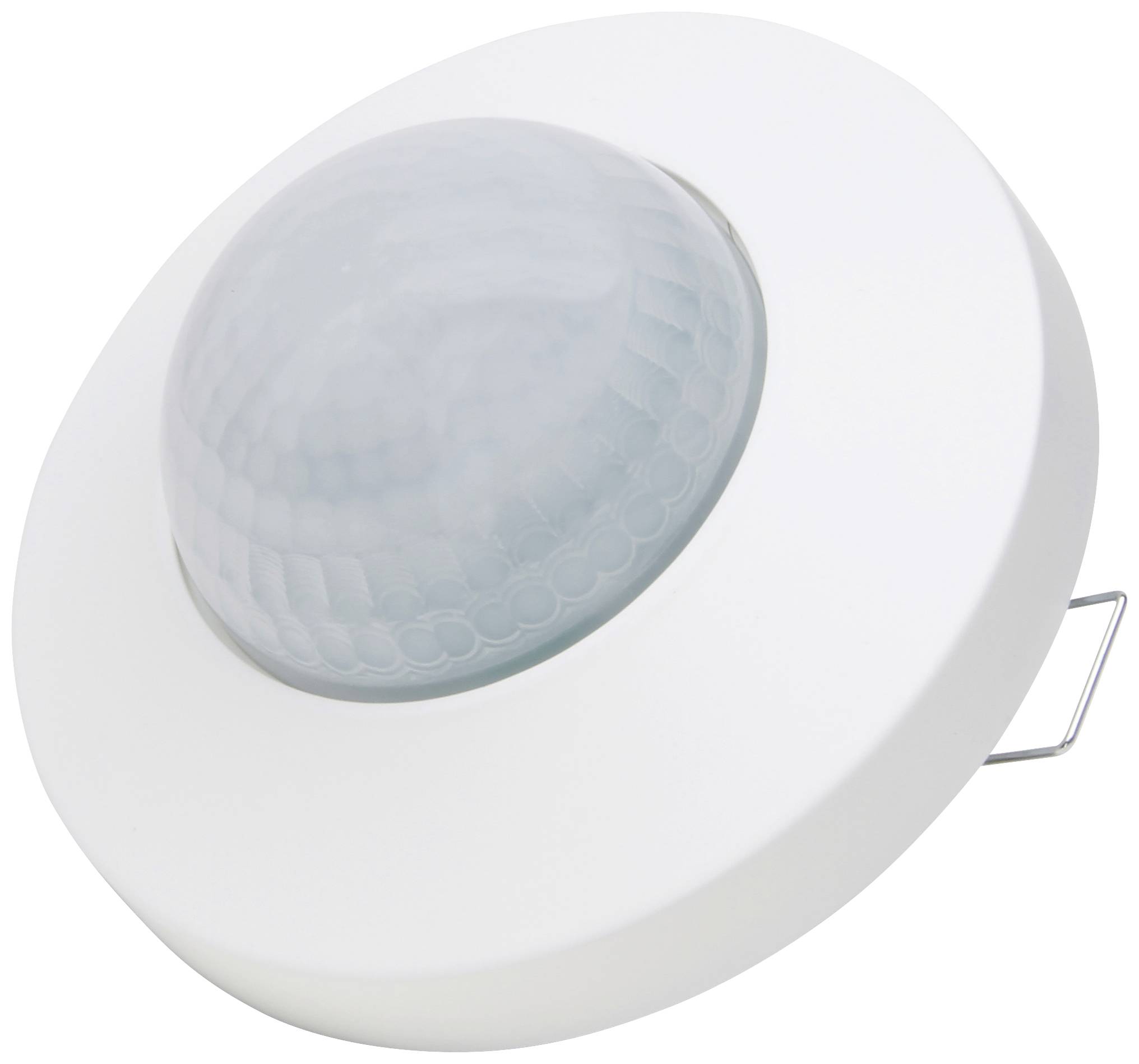 Un détecteur de mouvement blanc avec une lentille de capteur intégrée, sur un fond neutre.