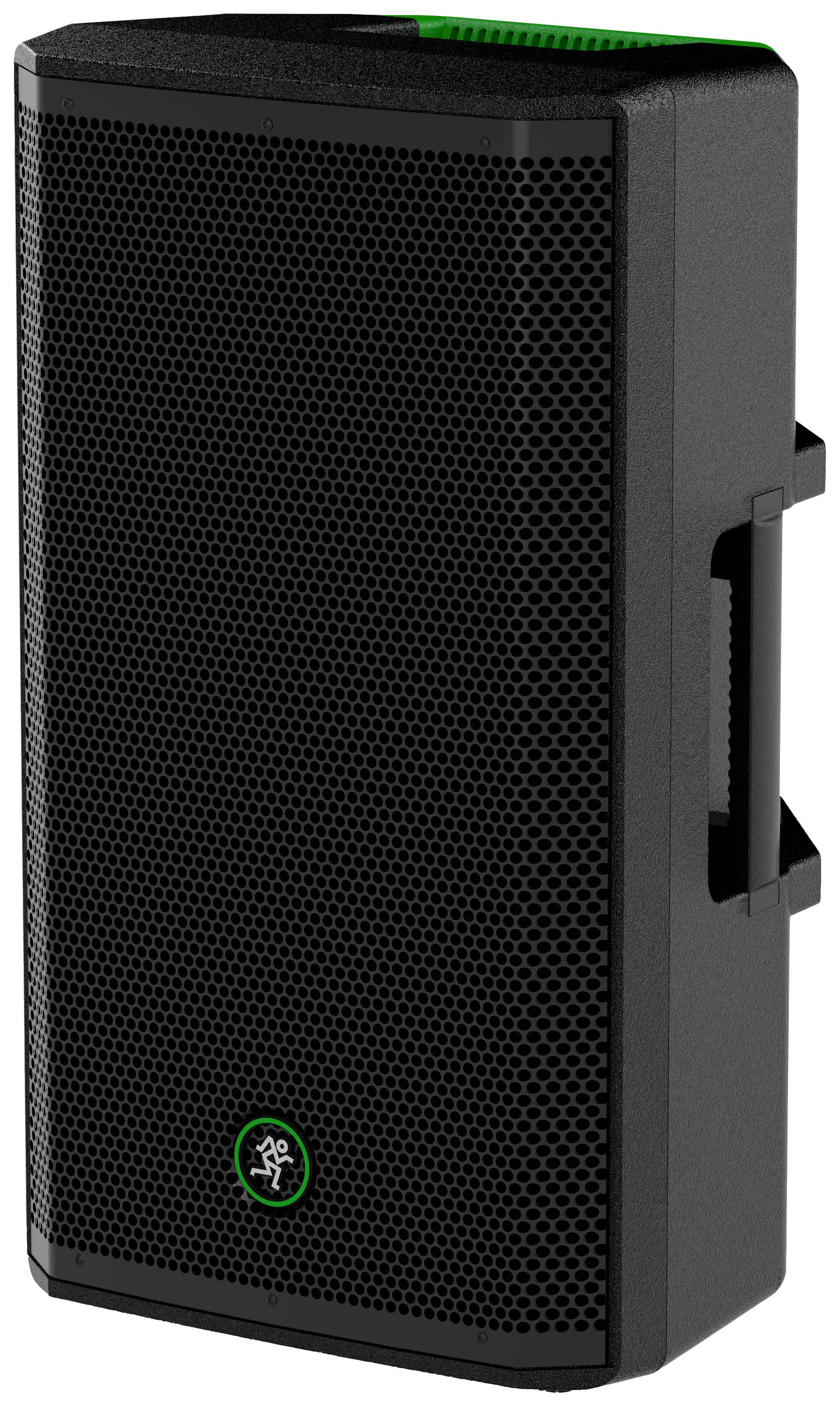 Enceinte compacte noire avec un voyant vert sur le dessus et une poignée sur le côté. Idéale pour l'amplification audio portable.
