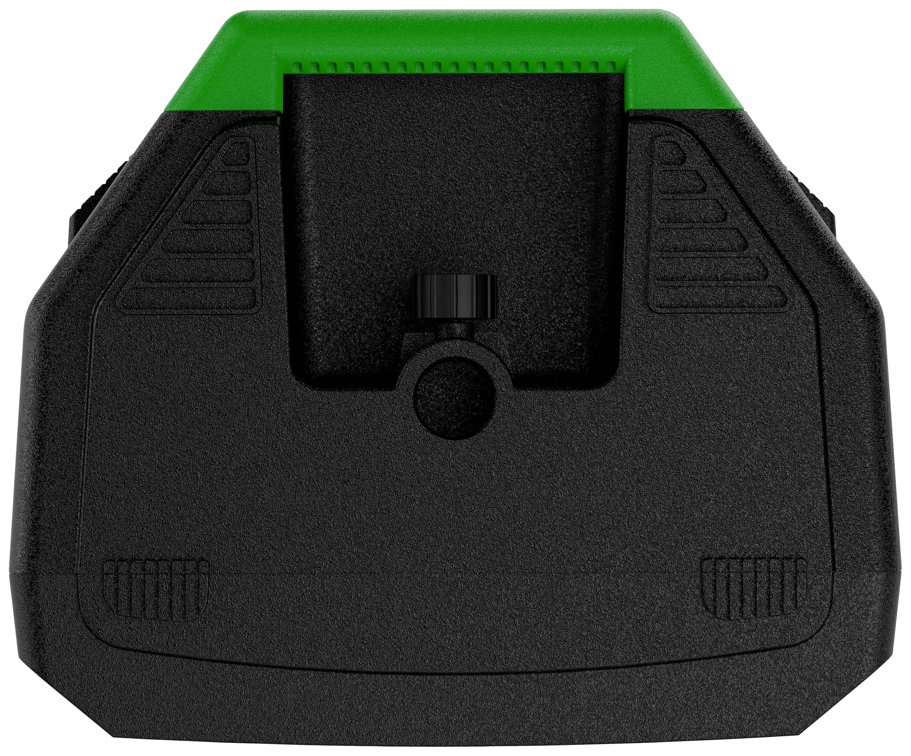 Un objet noir de forme trapézoïdale avec un bord supérieur vert et des surfaces structurées, probablement un accessoire électronique.