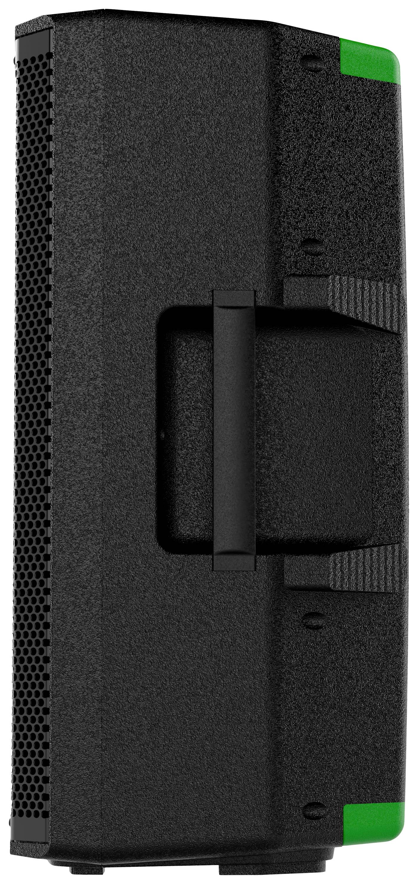 Enceinte portable noire avec poignée et accents verts, positionnée verticalement.