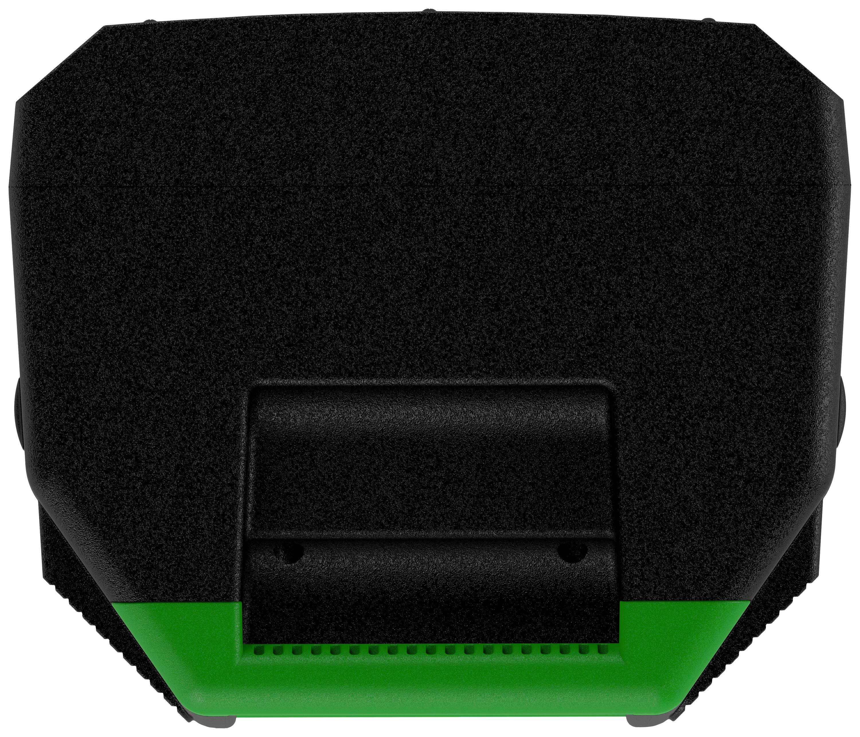 Appareil noir et vert de forme rectangulaire avec des surfaces caoutchoutées. Il possède une surface centrale de support et des encoches latérales.