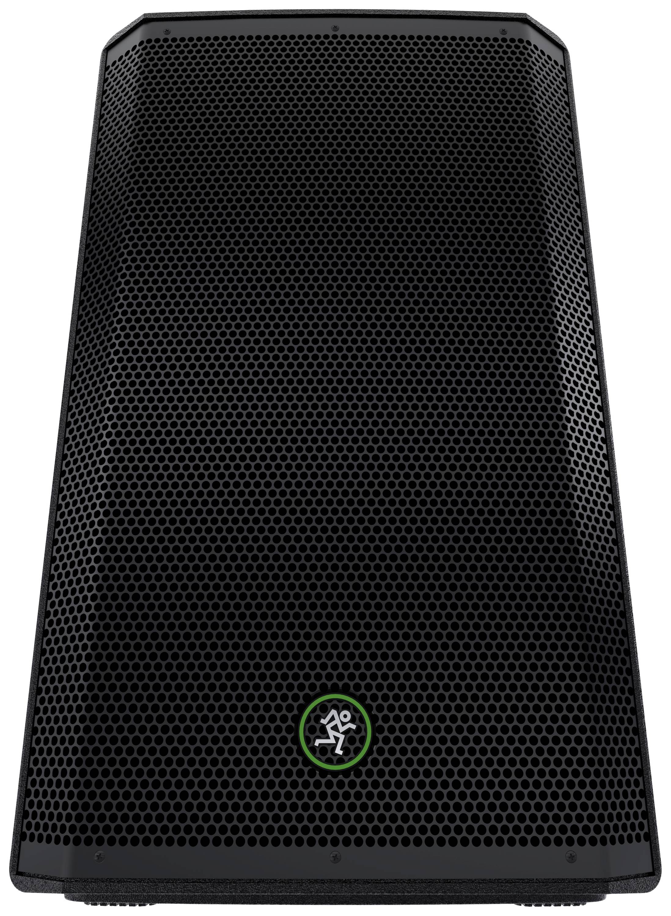 Un haut-parleur noir avec une grille métallique et un logo vert au centre, qui représente probablement une marque.