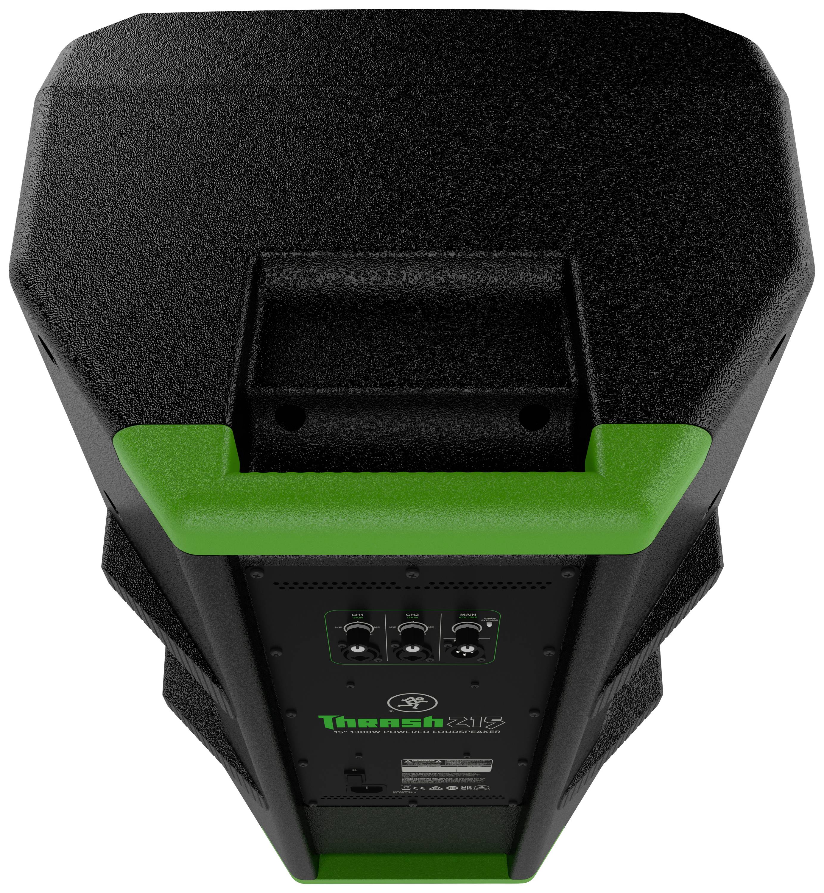 Haut-parleur noir avec une poignée verte. À l'arrière se trouvent des boutons de commande et des connecteurs.