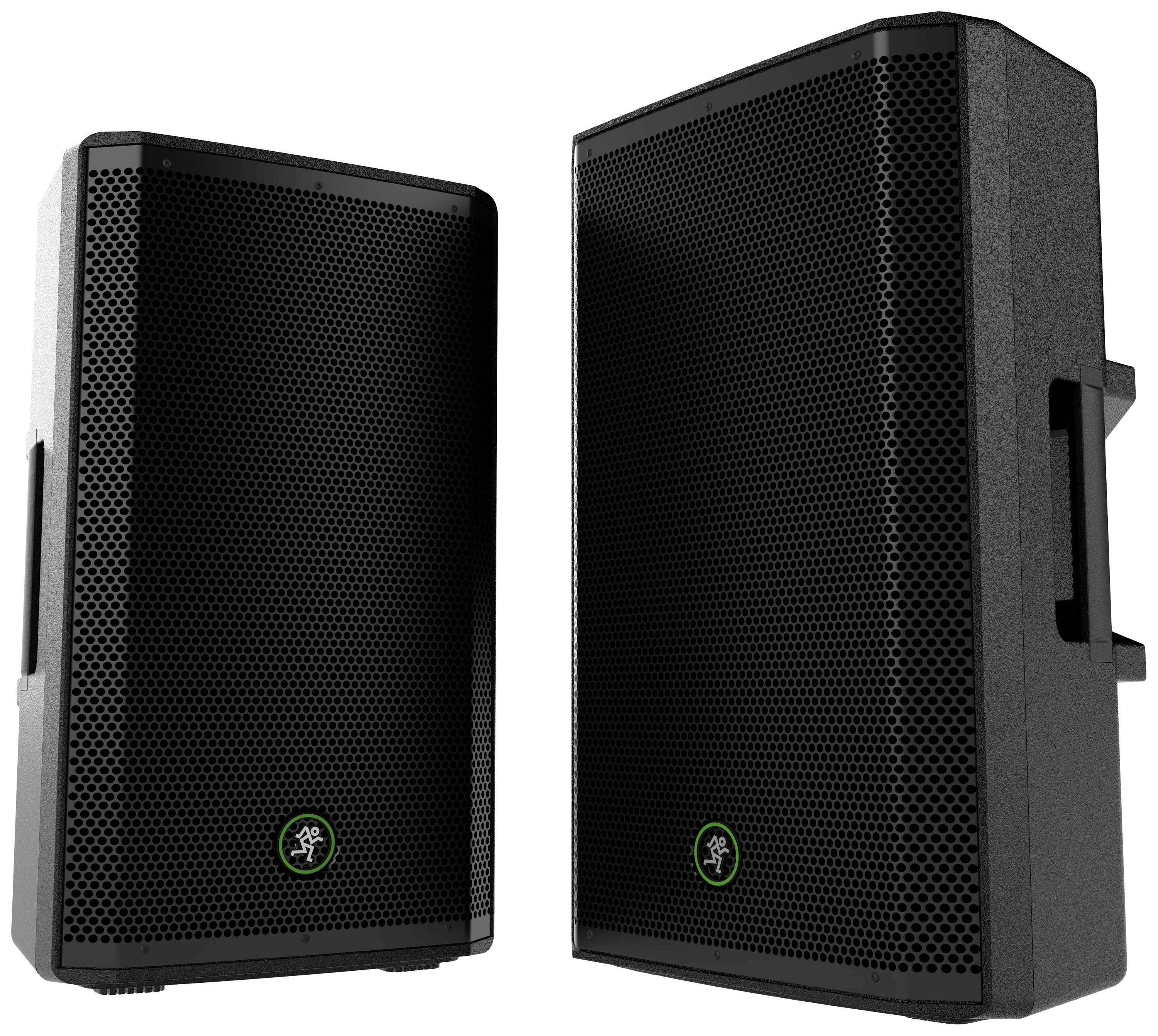 Deux enceintes noires côte à côte, avec un logo vert. Elles ont un design moderne et rectangulaire.