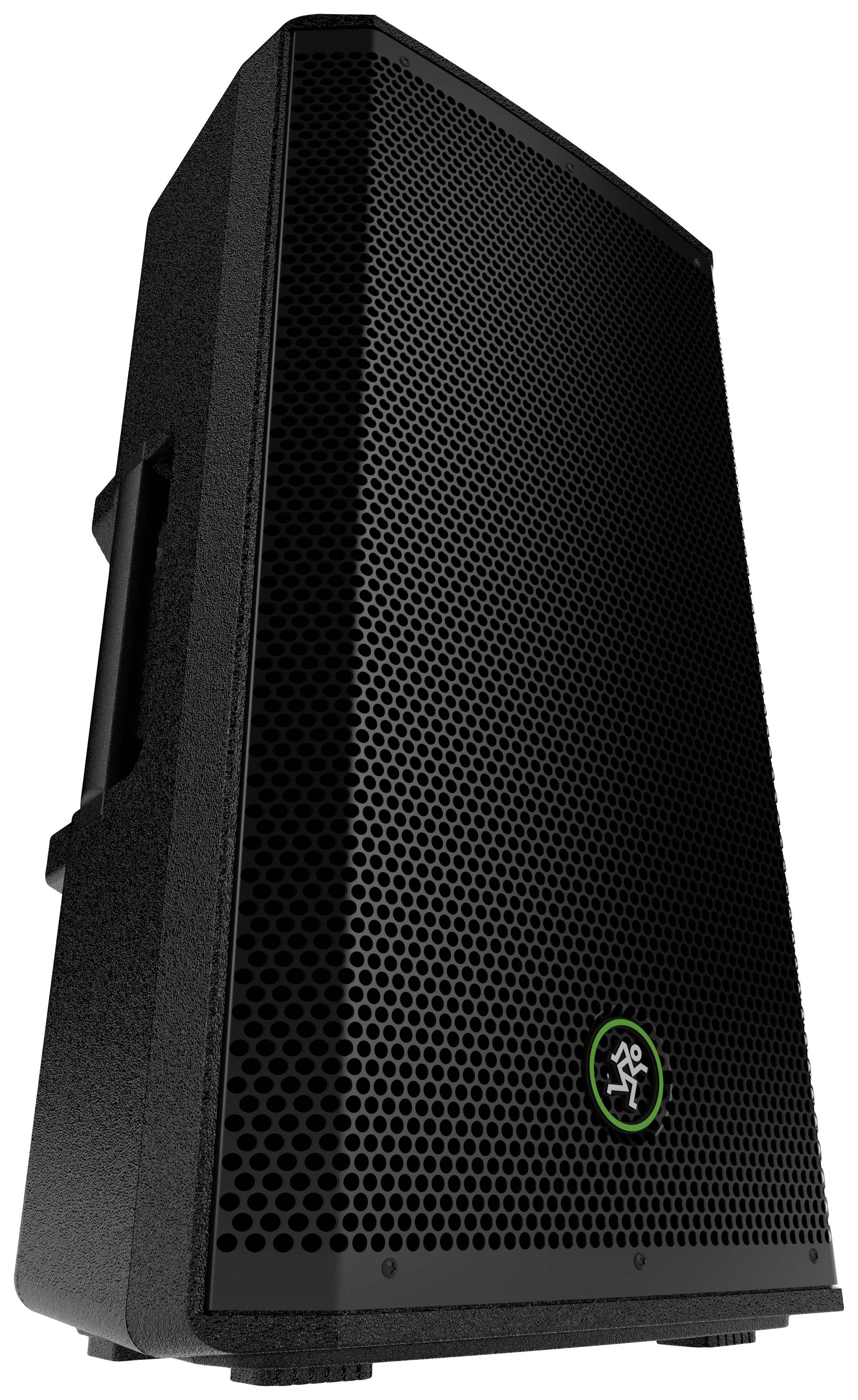 Enceinte noire avec grille en nid d'abeille et logo vert au centre, placée en biais et dotée d'une poignée sur le côté.