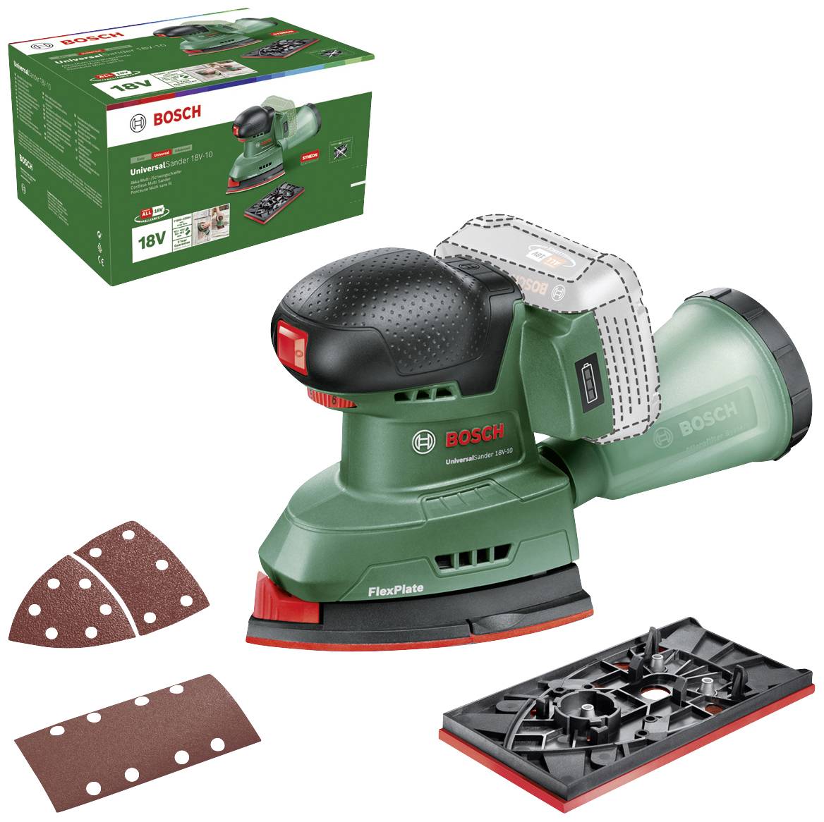 Un meuleuse sans fil Bosch verte avec technologie FlexPlate, accessoires et emballage. Adapté pour poncer les surfaces en bois et en métal.