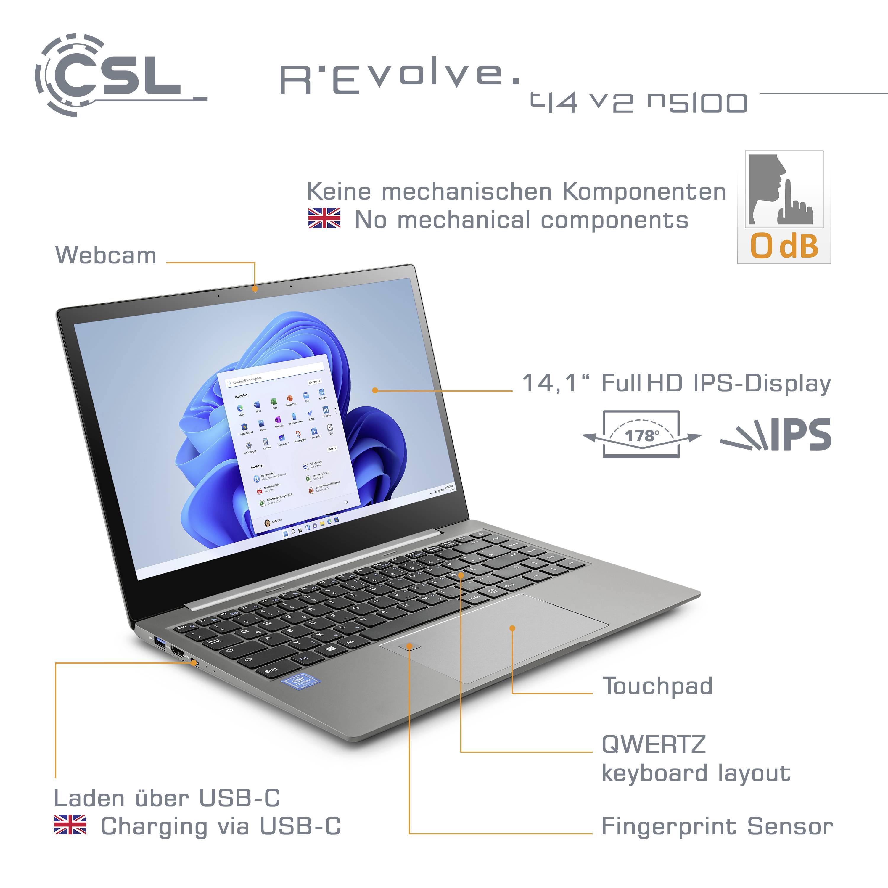 CSL Computer Notebook R' Evolve T14 V2 35.6 cm (14 pouces) Full HDIntel® Celeron®N51008 GB RAM250 GB SSD;Intel UHD GraphicsWin 11