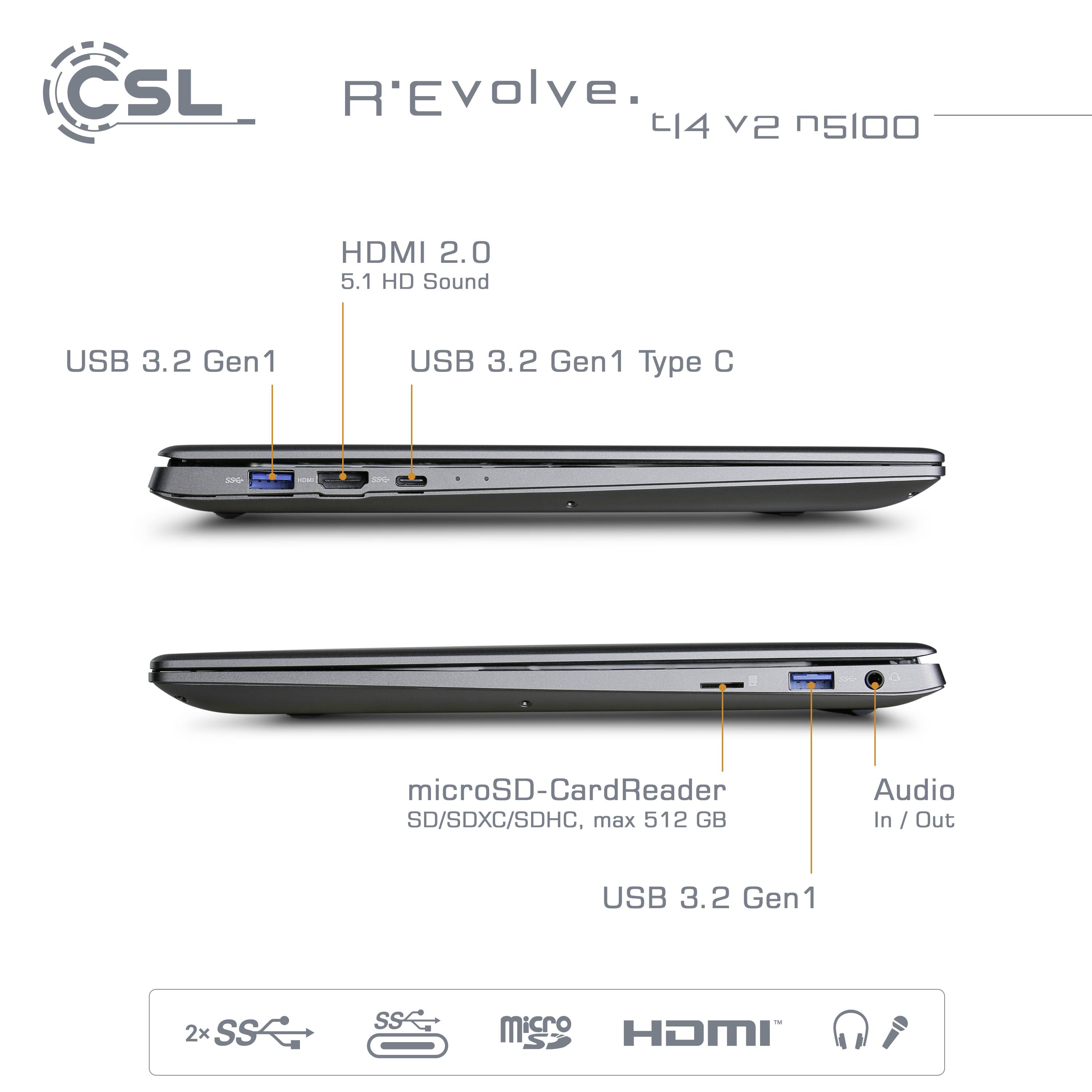 CSL Computer Notebook R' Evolve T14 V2 35.6 cm (14 pouces) Full HDIntel® Celeron®N51008 GB RAM250 GB SSD;Intel UHD GraphicsWin 11