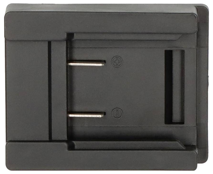 Socle de chargeur de batterie rectangulaire noir avec deux broches de contact métalliques et une fente latérale