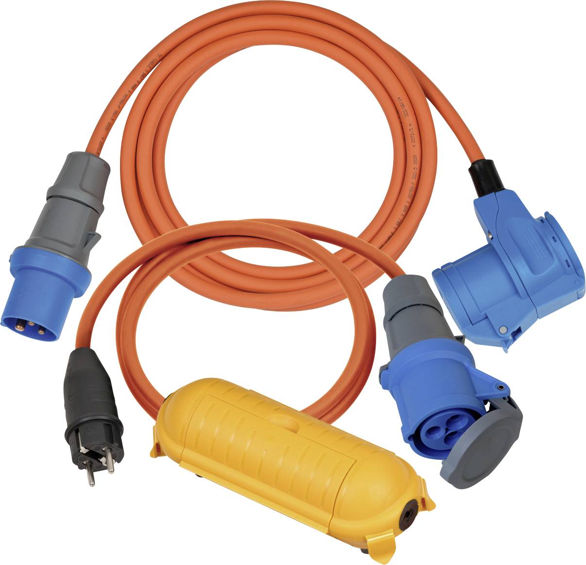 Câble d'alimentation orange enroulé avec plusieurs connecteurs électriques industriels : fiches/adaptateurs bleus, gris, noirs et jaunes sur un fond blanc.