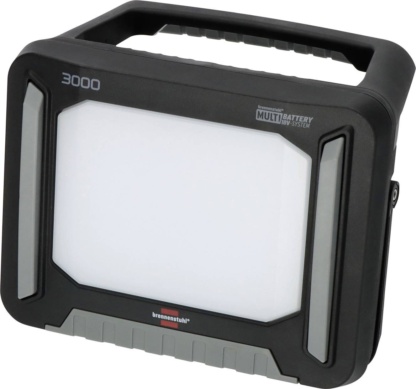 Lampe de travail LED portable noire avec poignée de transport, grand panneau lumineux frontal et bandes lumineuses latérales, étiquetée « 3000 » et « Système Multi-Batterie ».
